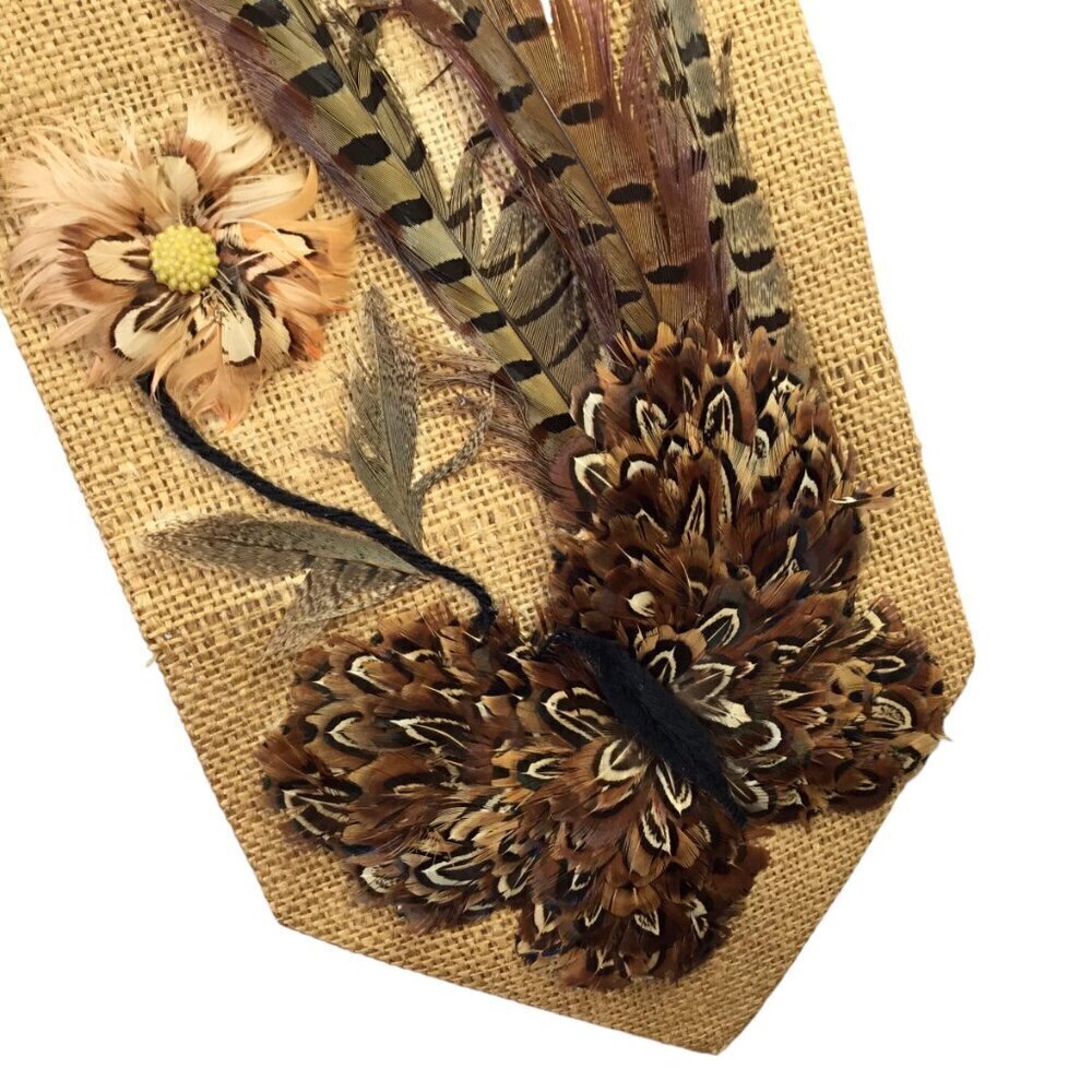 Vtg 3D Folk Art Feather Craft Art Burlap Wall Hanging Bell Pull Butterfly OOAK - Picture 8 of 12